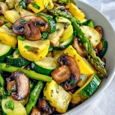 Asparagus, zucchini, and squash sautéed together for a vibrant vegetable dish.