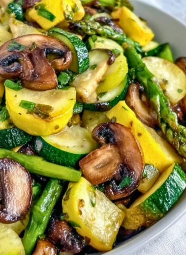 Asparagus, zucchini, and squash sautéed together for a vibrant vegetable dish.