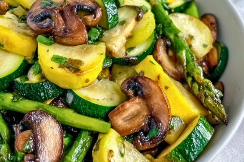 Asparagus, zucchini, and squash sautéed together for a vibrant vegetable dish.