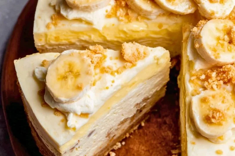 Slice of banana pudding cheesecake with vanilla wafers and banana slices on top