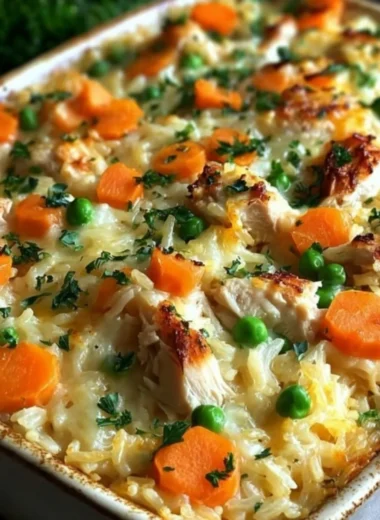 Delicious chicken and rice casserole served in a baking dish