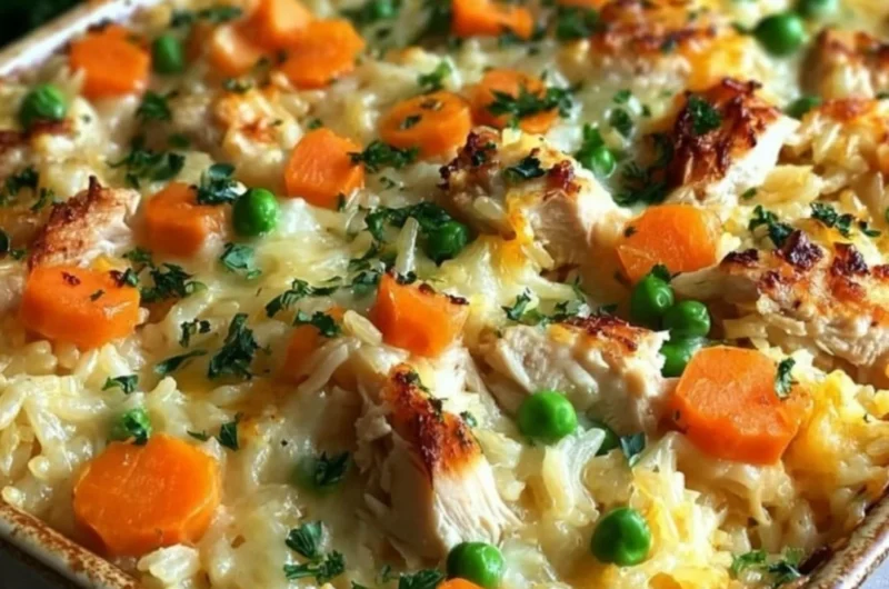 Delicious chicken and rice casserole served in a baking dish