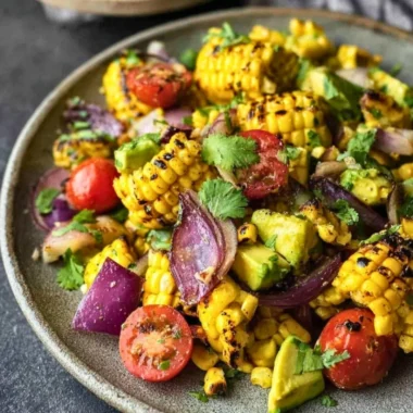 Charred corn avocado salad with roasted red onions in a vibrant bowl