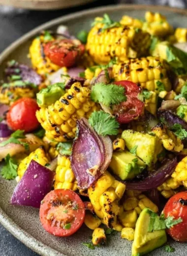Charred corn avocado salad with roasted red onions in a vibrant bowl