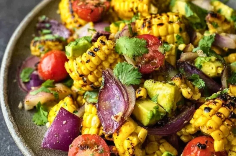 Charred corn avocado salad with roasted red onions in a vibrant bowl