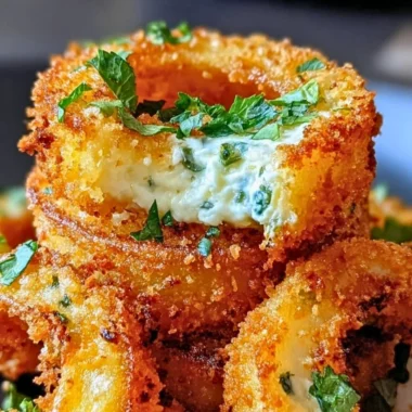 Crispy cheddar jalapeño onion rings served on a plate