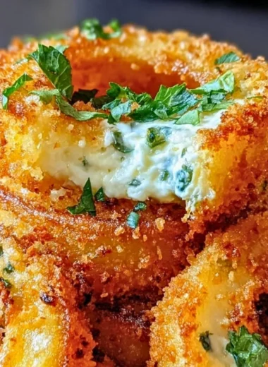 Crispy cheddar jalapeño onion rings served on a plate