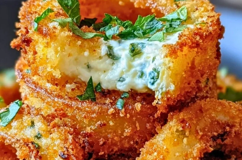 Crispy cheddar jalapeño onion rings served on a plate