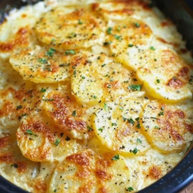 Creamy Cheesy Scalloped Potatoes served in a baking dish