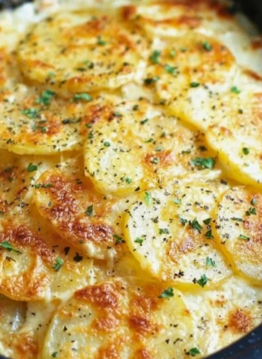Creamy Cheesy Scalloped Potatoes served in a baking dish