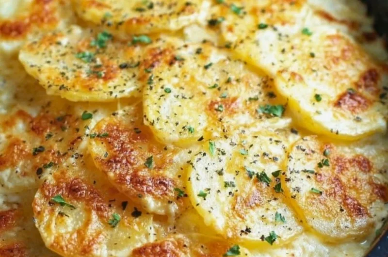Creamy Cheesy Scalloped Potatoes served in a baking dish