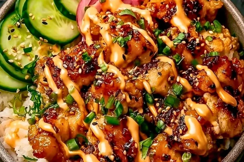 Crispy chicken topped with spicy creamy sauce and served over jasmine rice.