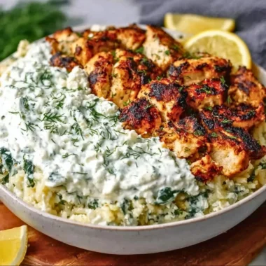 Delicious Dump and Bake Chicken Tzatziki Casserole served on a plate.