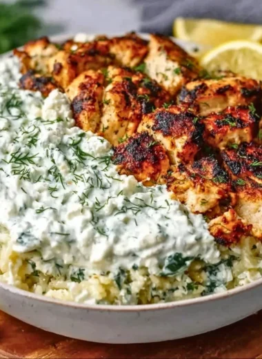 Delicious Dump and Bake Chicken Tzatziki Casserole served on a plate.
