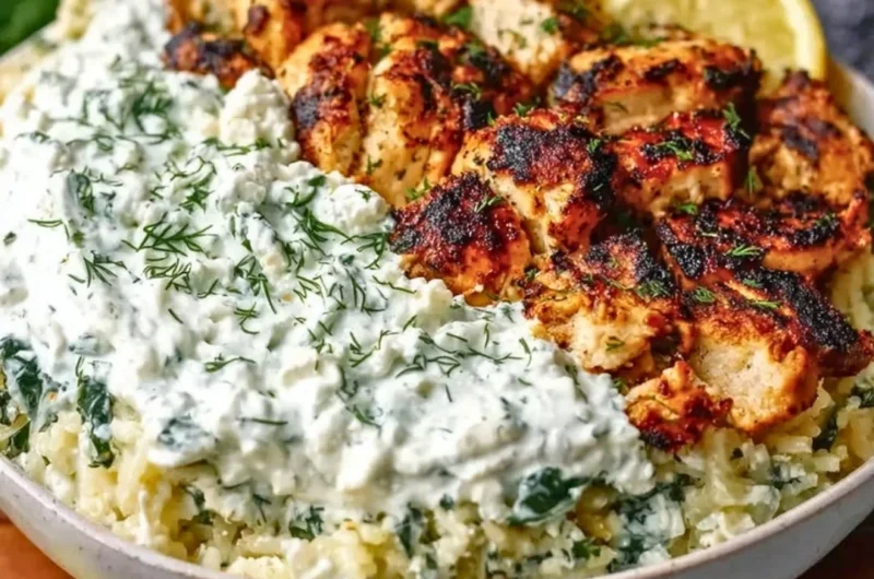 Delicious Dump and Bake Chicken Tzatziki Casserole served on a plate.