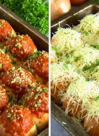 Garlic bread meatball bombs filled with savory meatballs and melted cheese