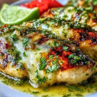 Grilled salsa verde chicken with pepper jack cheese on a plate