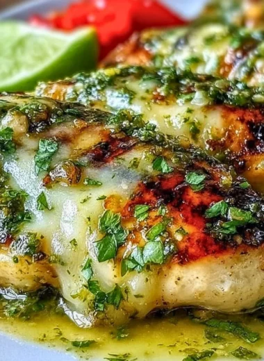Grilled salsa verde chicken with pepper jack cheese on a plate