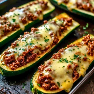 Ground Beef Zucchini Boats filled with seasoned beef and topped with cheese