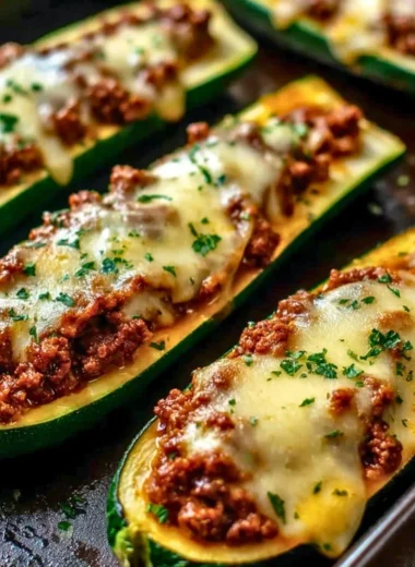 Ground Beef Zucchini Boats filled with seasoned beef and topped with cheese
