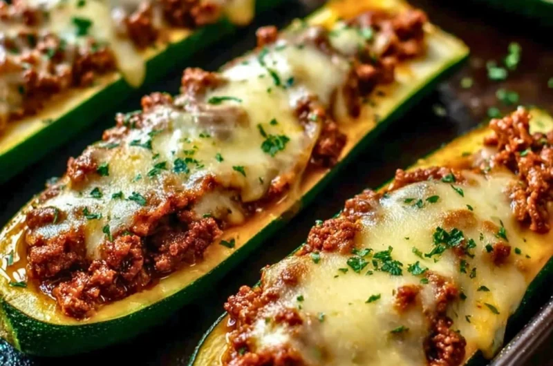 Ground Beef Zucchini Boats filled with seasoned beef and topped with cheese