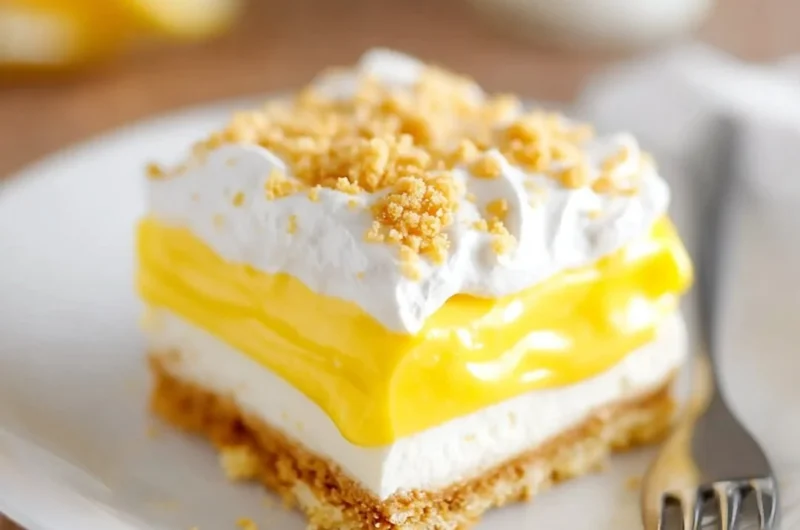 Slice of heavenly Oreo lemon dessert with crispy crust and lemon cream filling