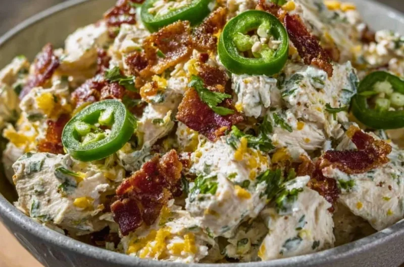High Protein Jalapeno Popper Chicken Salad served in a bowl