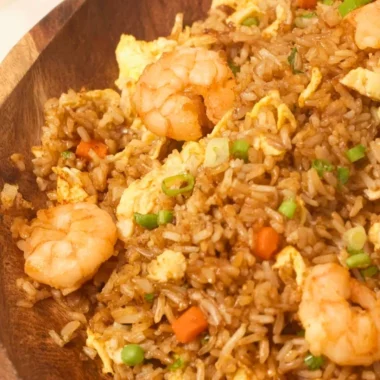 Bowl of homemade Chinese shrimp fried rice with vegetables