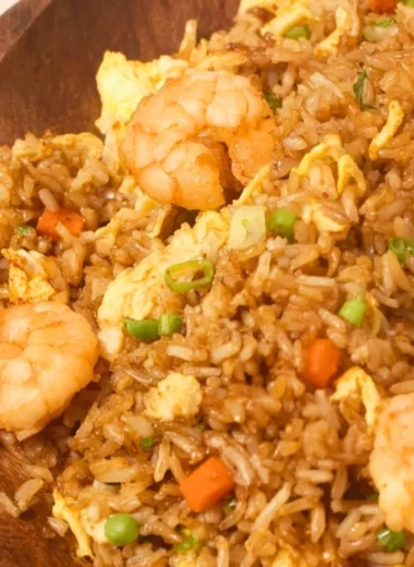 Bowl of homemade Chinese shrimp fried rice with vegetables