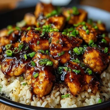 Delicious Honey BBQ Chicken served over rice, garnished with fresh herbs.