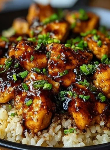 Delicious Honey BBQ Chicken served over rice, garnished with fresh herbs.