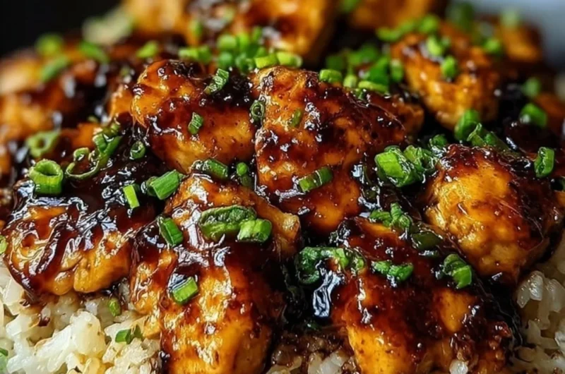 Delicious Honey BBQ Chicken served over rice, garnished with fresh herbs.