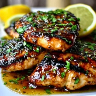 Delicious Key West grilled chicken garnished with fresh herbs and lime slices.