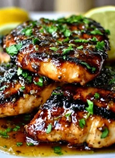 Delicious Key West grilled chicken garnished with fresh herbs and lime slices.