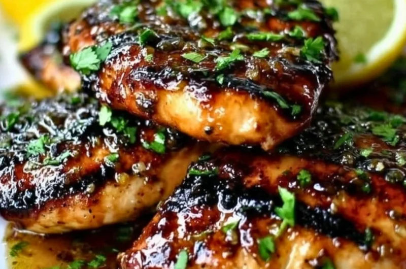 Delicious Key West grilled chicken garnished with fresh herbs and lime slices.