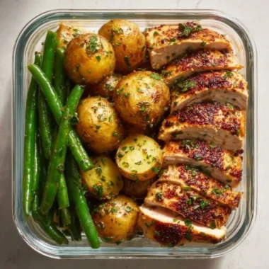 Lemon Garlic Chicken meal prep containers with fresh ingredients