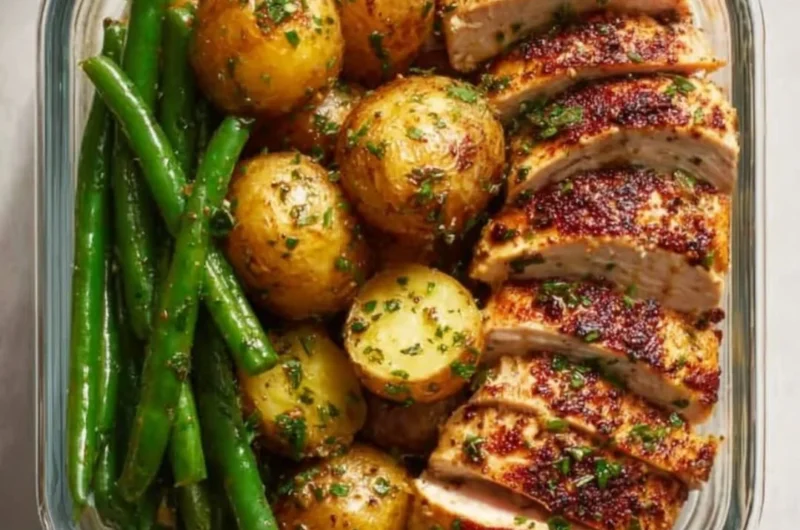 Lemon Garlic Chicken meal prep containers with fresh ingredients