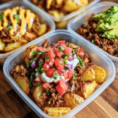 Delicious loaded potato taco bowls topped with fresh ingredients and spices