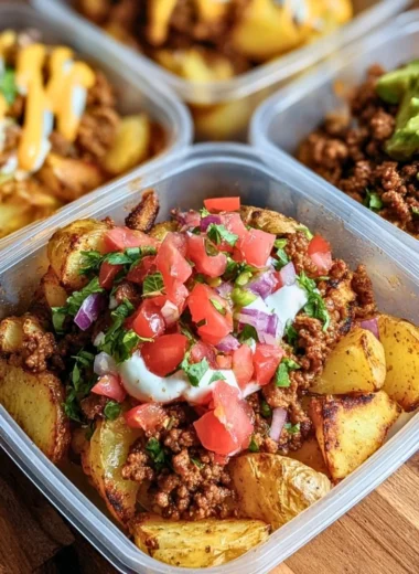 Delicious loaded potato taco bowls topped with fresh ingredients and spices