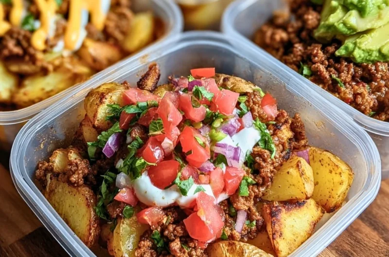 Delicious loaded potato taco bowls topped with fresh ingredients and spices
