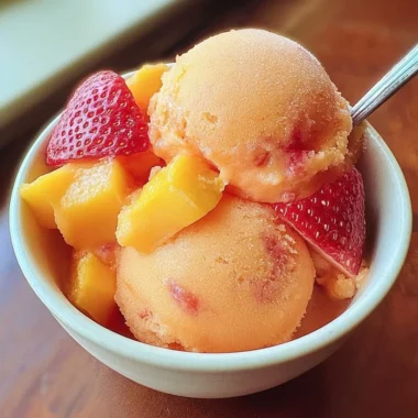Delicious homemade mango strawberry sorbet in a bowl