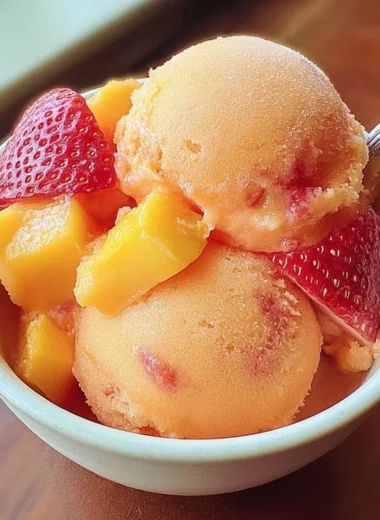 Delicious homemade mango strawberry sorbet in a bowl