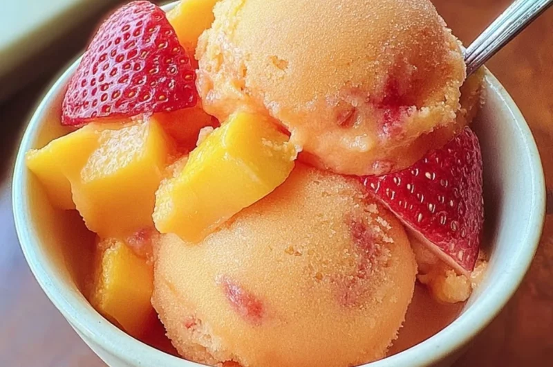 Delicious homemade mango strawberry sorbet in a bowl