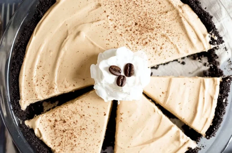 No-bake coffee pie topped with whipped cream and coffee beans