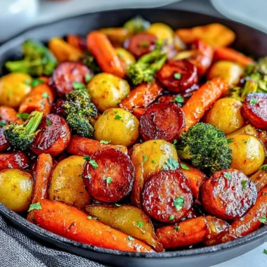 One-pan honey garlic kielbasa cooked with colorful vegetables