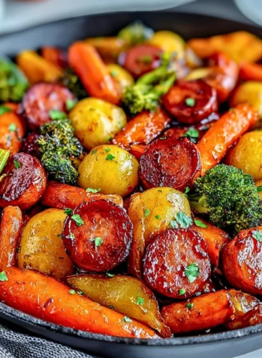 One-pan honey garlic kielbasa cooked with colorful vegetables