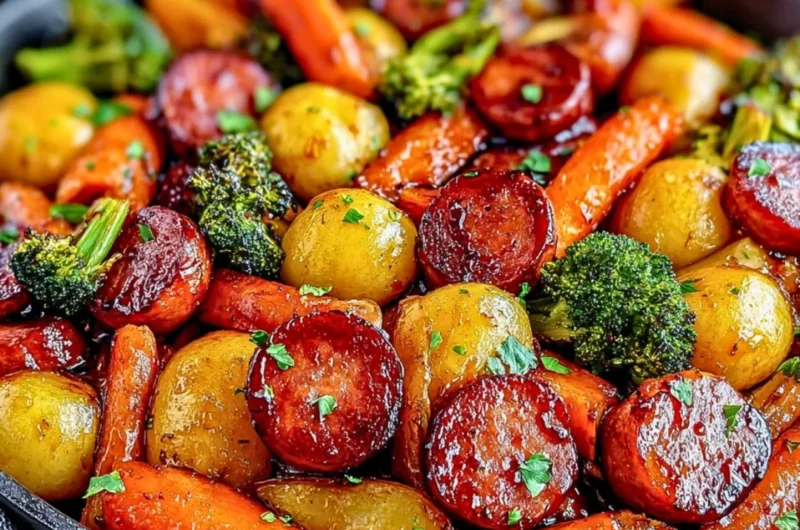 One-pan honey garlic kielbasa cooked with colorful vegetables
