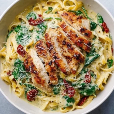 Pesto pasta with chicken served with fresh basil and parmesan cheese