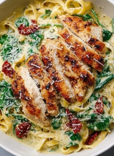 Pesto pasta with chicken served with fresh basil and parmesan cheese