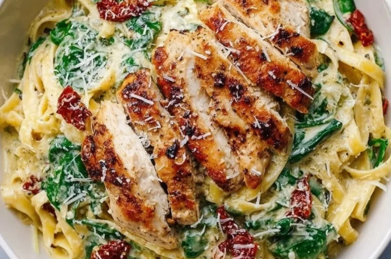 Pesto pasta with chicken served with fresh basil and parmesan cheese